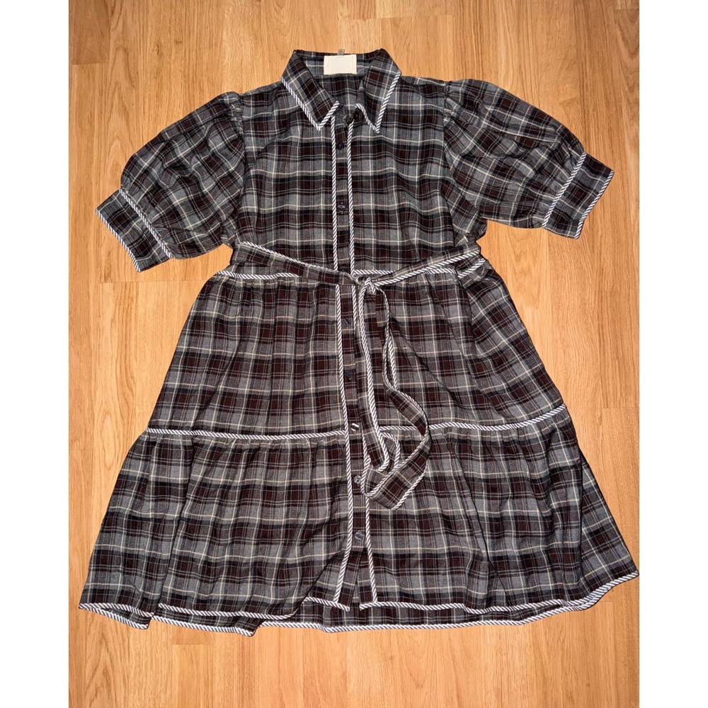 Dress Up Womens Plaid Tiered Button Front Dress Puff Sleeve Grey Burgundy Small